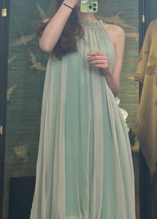 Boutique Green Halter Wrinkled Silk Dress Sleeveless Summer