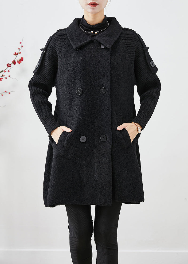 Black Double Breast Patchwork Woolen Trench Coats Fall