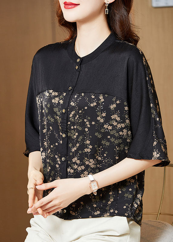 Modern Black O-neck Patchwork Print Silk Shirt Tops Half Sleeve