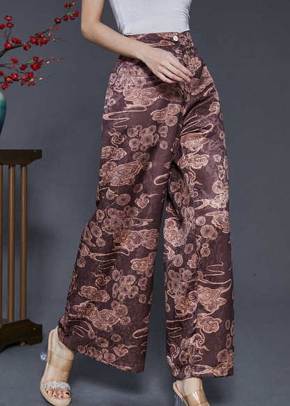 Brown Elastic Waist Print Silk Wide Leg Pants Spring