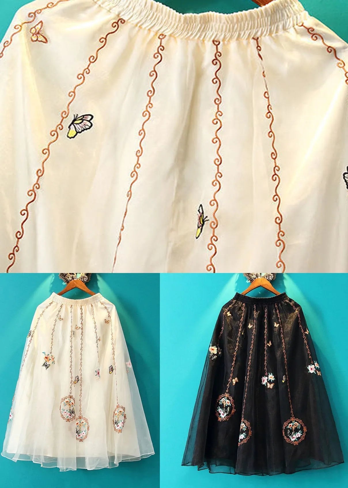 Apricot Wrinkled Embroideried Tulle Skirt Summer