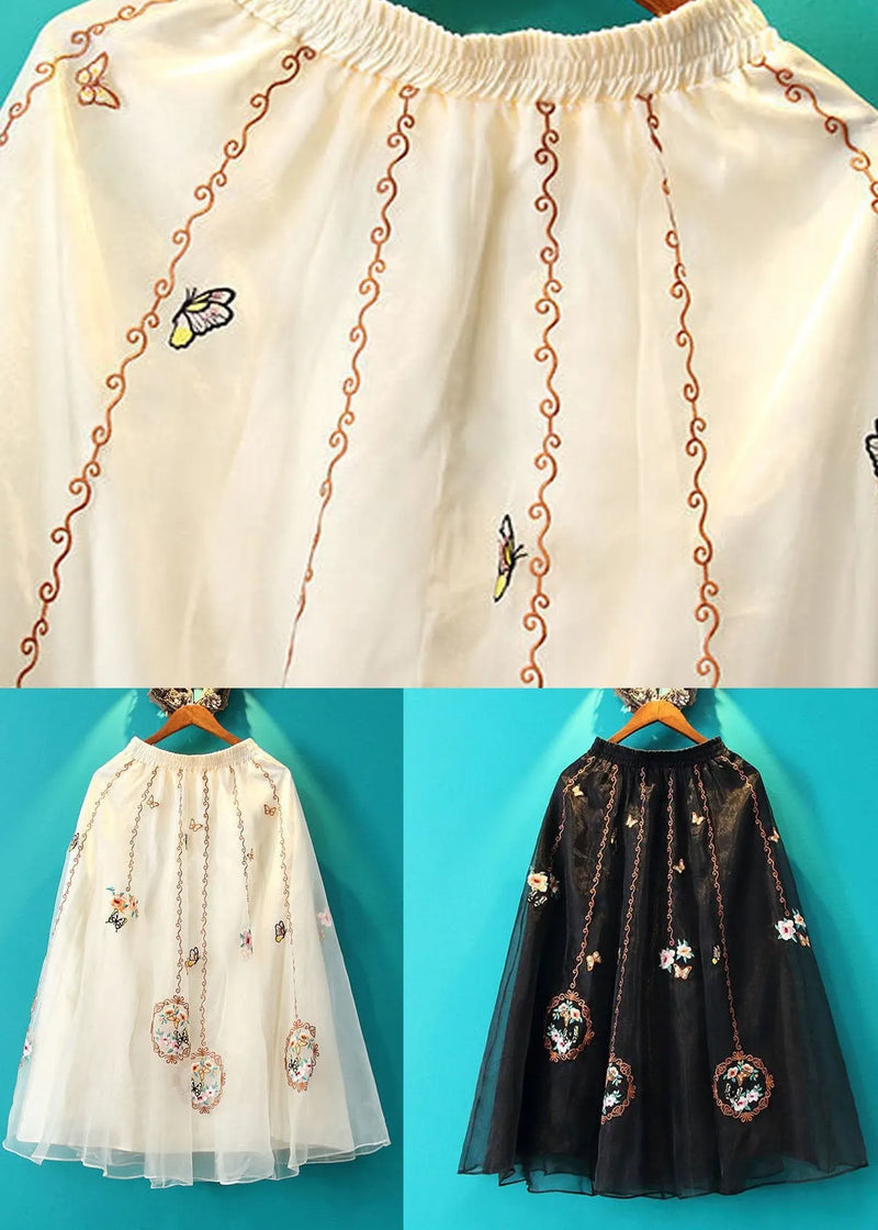 Apricot Wrinkled Embroideried Tulle Skirt Summer