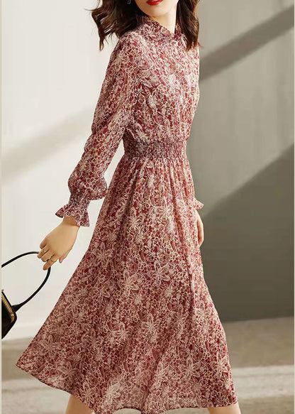 Style Red Stand Collar Elastic Waist Print Silk Long Dresses Flare Sleeve