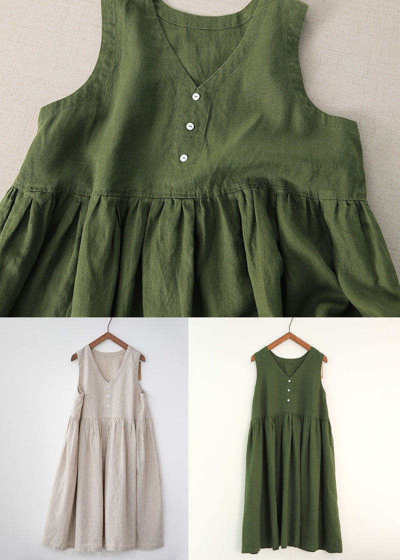 Grey V Neck Wrinkled Patchwork Linen Dresses Summer