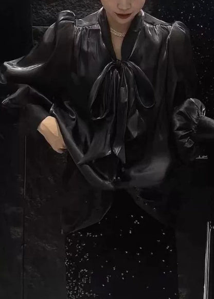 Black Button Silk Shirt Bow Long Sleeve