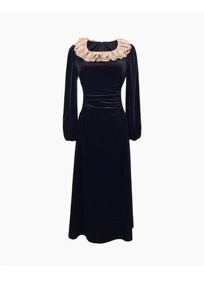 French Black Square Collar Lace Slim Fit Velour Dresses Spring