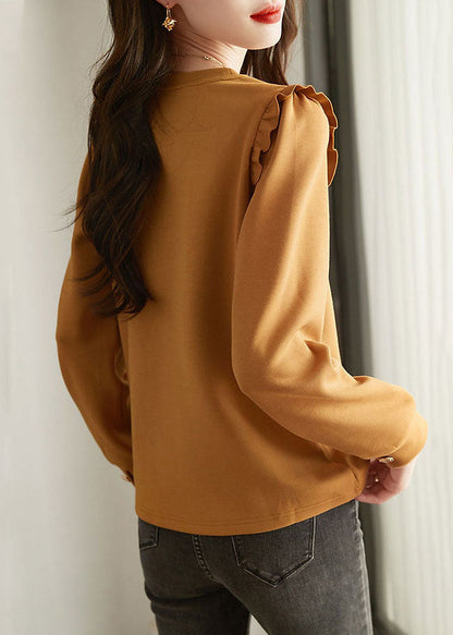 Loose Caramel O-neck Ruffled Button Cotton Sweatshirts Top Spring