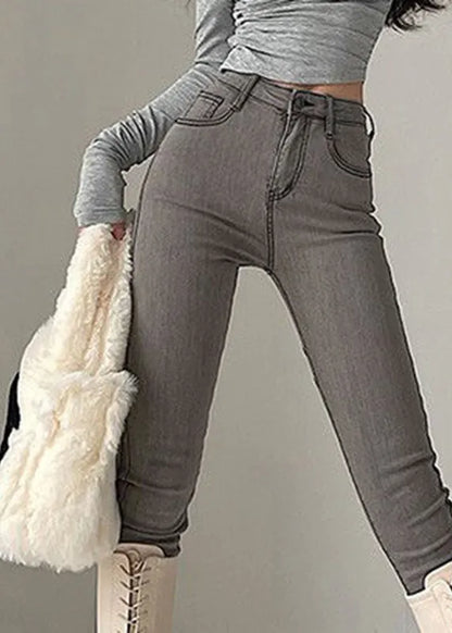Slim Fit Grey Pockets High Waist Jeans Spring