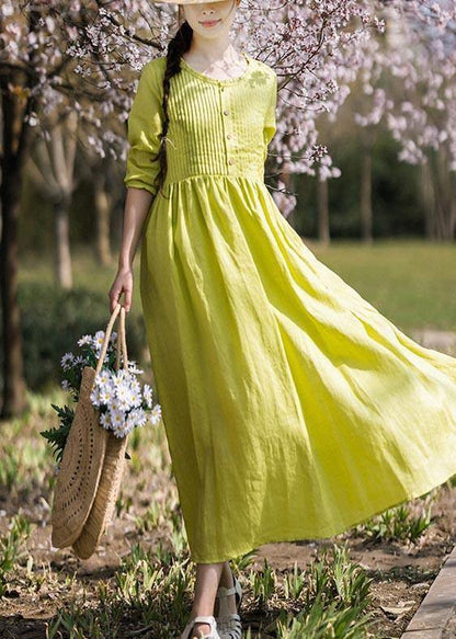 Classy Grass Green Cinched Button Summer Linen Dress
