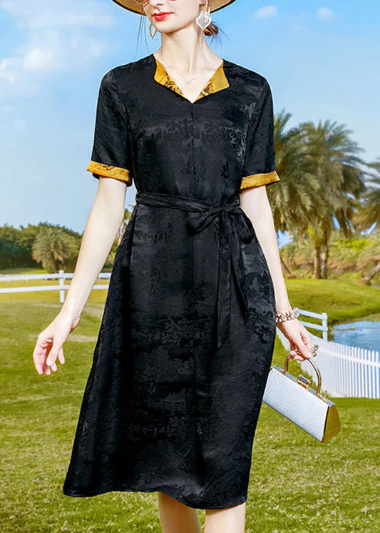 Black Jacquard Tie Waist Silk Oriental Dresses Short Sleeve