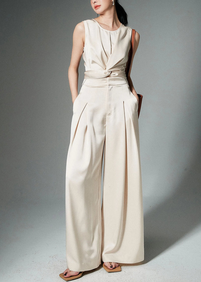 Beige Front Open Tops and Pants Silk Two Pieces Set Sleeveless