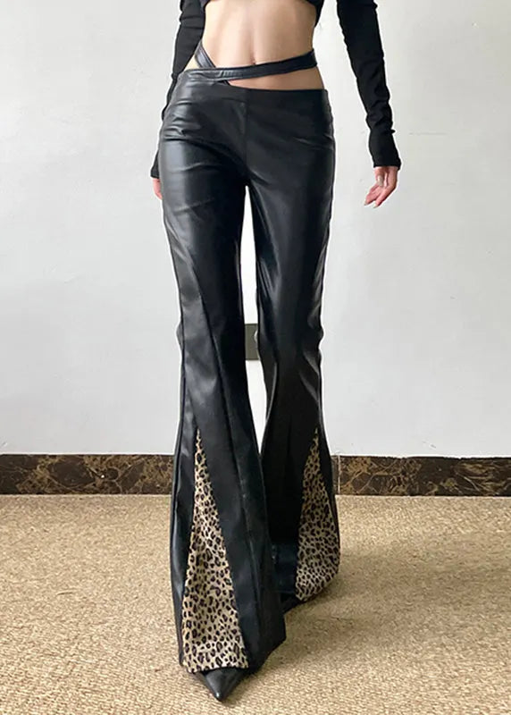 Black Asymmetrical Leopard Patchwork Pu Pants Spring
