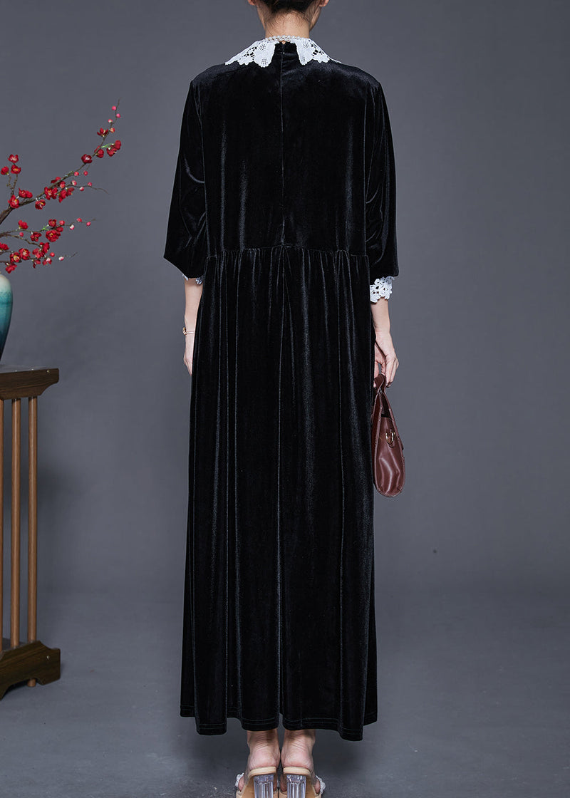 Loose Black Lace Patchwork Nail Bead Silk Velour Long Dresses Spring