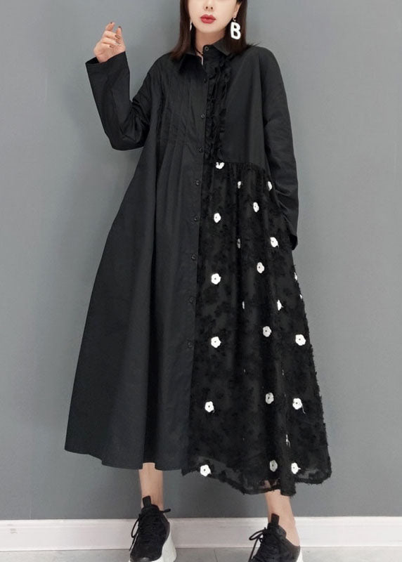 Black Lace Patchwork Shirt Dresses Spring