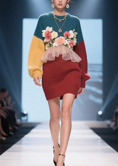 Handmade Colorblock O Neck Ruffled Knit Dress Winter