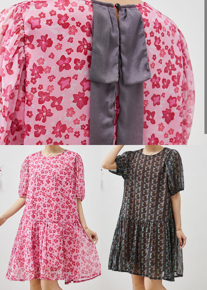Black Puff Sleeve Print Chiffon Holiday Dress