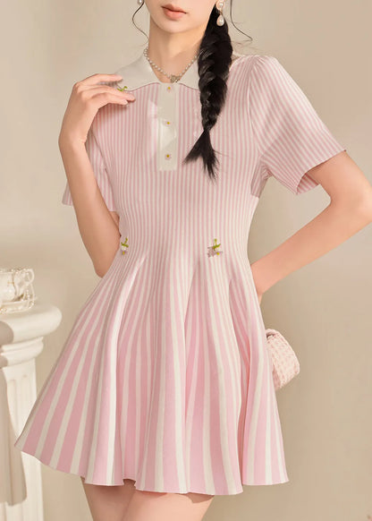 Pink Peter Pan Collar Striped Mid Dress Summer