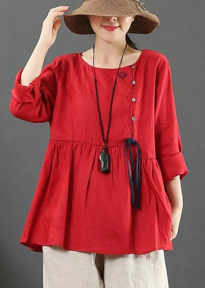 Diy O Neck Cinched Spring Shirts Sewing Red Top