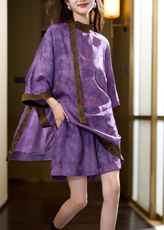 Loose Purple Tops and Shorts Silk Two Piece Set Clothing Summer