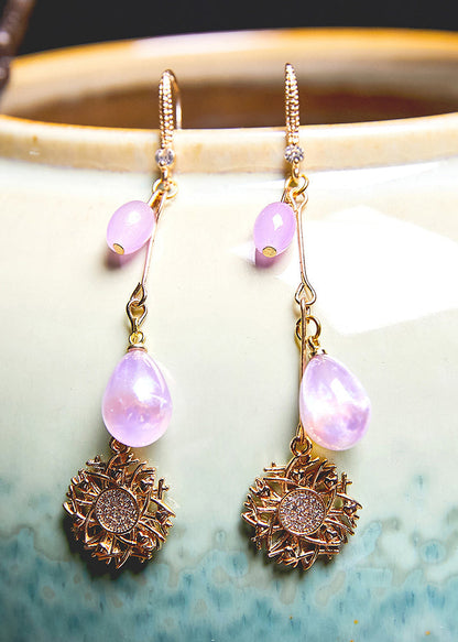 Style Purple Water Droplet Beads Sunflower 14k Gold Drop Earrings