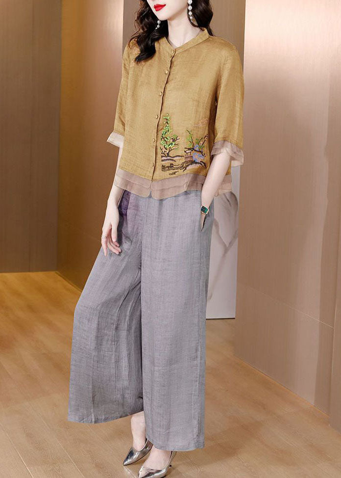 Yellow Embroideried Patchwork Linen Two Pieces Set Summer