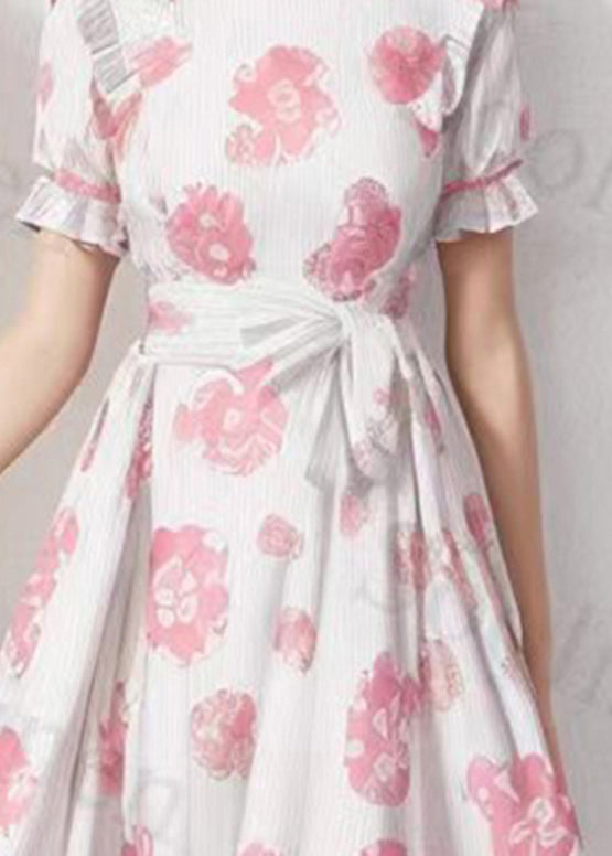 Pink Stand Colla Print Tie Waist Silk Dress Summer