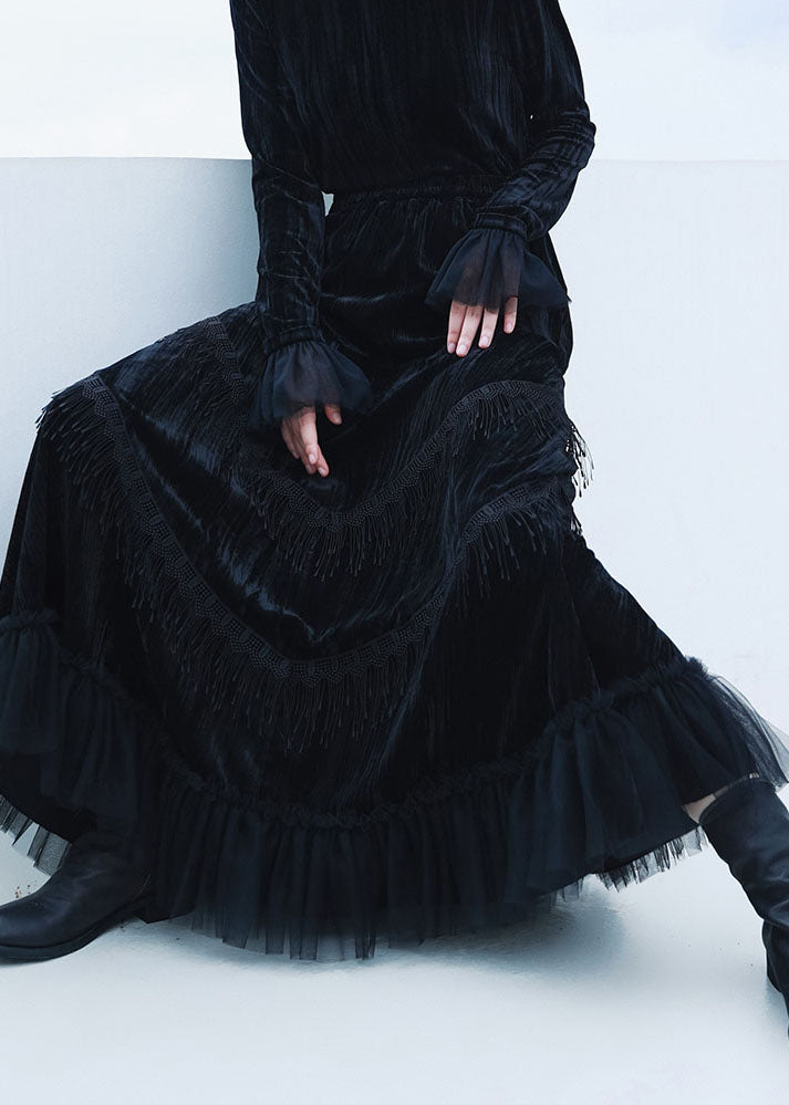 Black Patchwork Tulle Tasseled Velour Skirts Spring