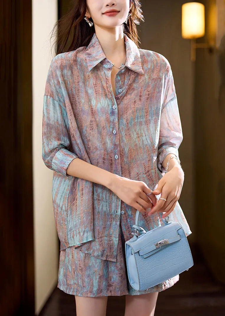 Blue Print Shirt and Shorts Chiffon Two Pieces Set Half Sleeve