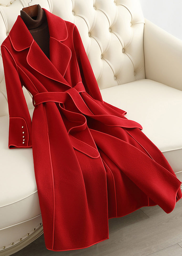 Red Notched Tie Waist Woolen Long Coats Fall