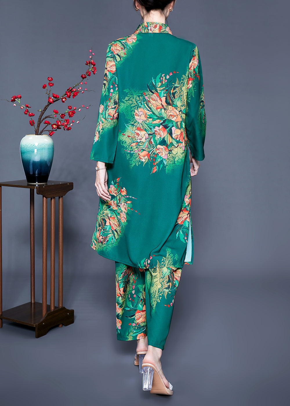 Stylish Green Peter Pan Collar Print Side Open Silk Two Piece Set Clothing Spring