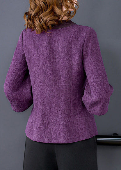 Purple V Neck Jacquard Patchwork Silk Shirts Bracelet Sleeve