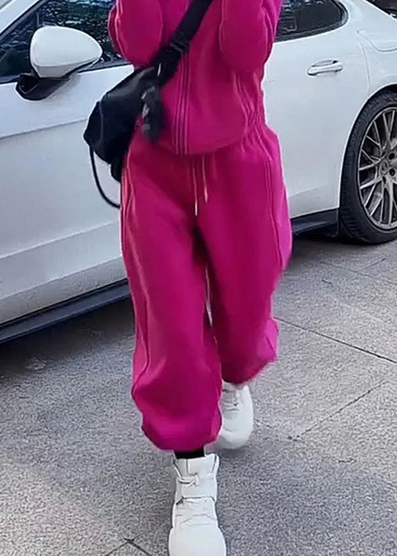 Simple Rose Hooded Coat and Pants Warm Fleece Two Pieces Set Spring