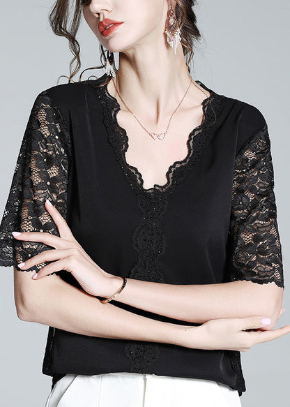 Black V Neck Lace Patchwork Top Short Sleeve Summer