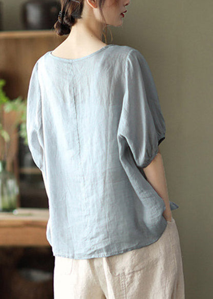 Brief Dusty Blue O-neck Embroideried Lace Up Linen Tops Half Sleeve