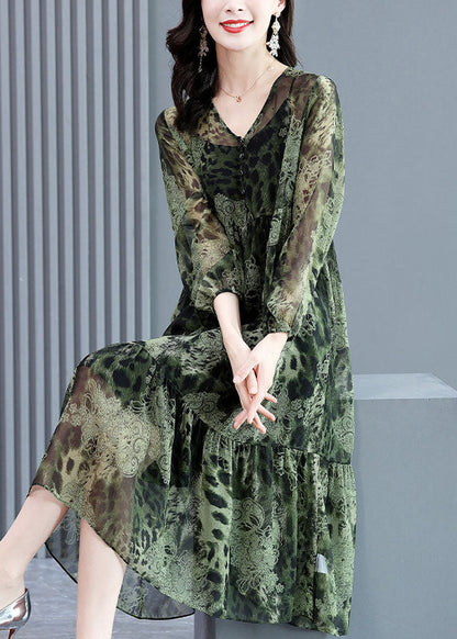 Handmade Green V Neck Patchwork Wrinkled Leopard Chiffon Long Dresses Long Sleeve
