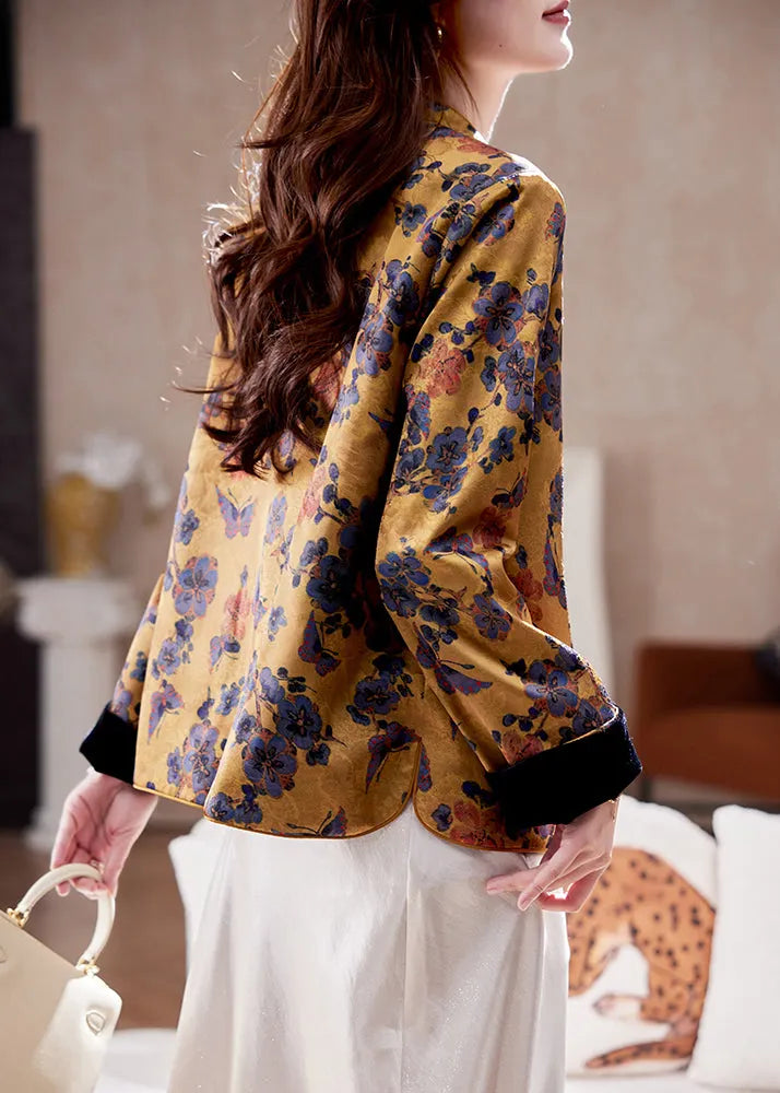 Chinese Style Yellow Stand Collar Jacquard Silk Coats Spring