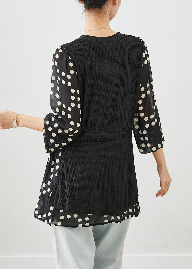 Black Cinched Patchwork Fake Two Piece Shirt Top Fall