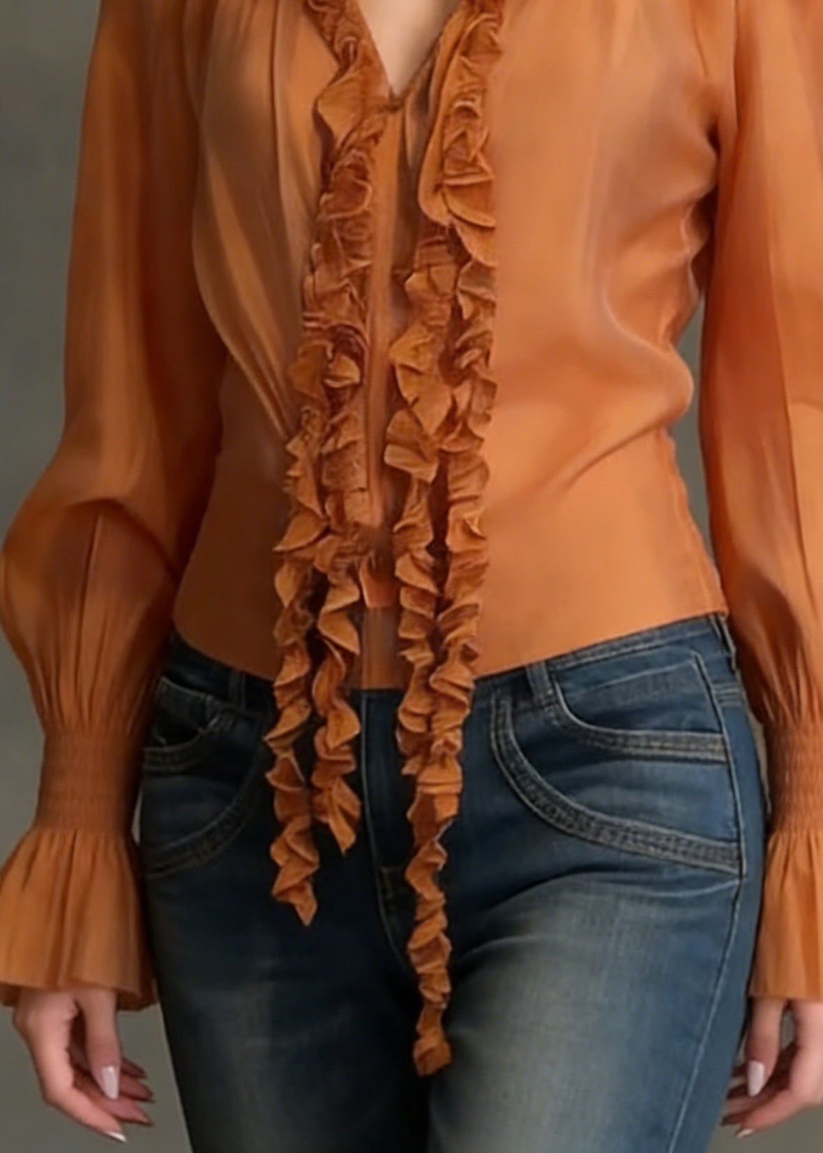 Orange Ruffled Cotton Blouse Tops V Neck Flare Sleeve Spring