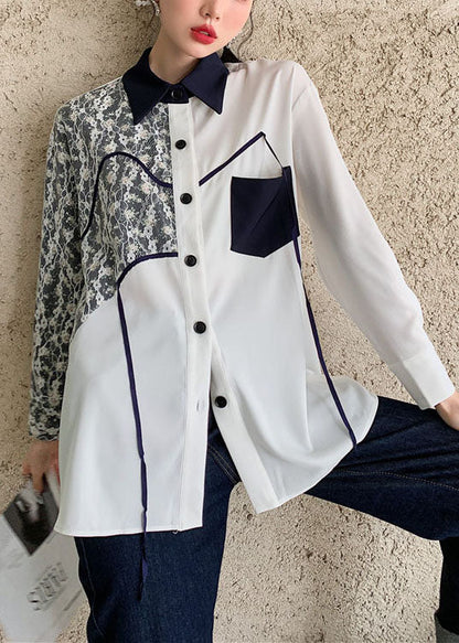 White Peter Pan Collar Lace Print Cotton Shirts Top Spring