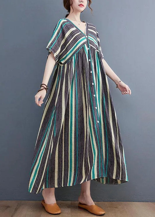 Simple Green Striped V Neck Patchwork Cotton Linen Long Dress