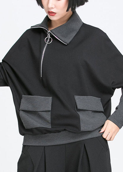 Organic Black Asymmetrical Design Zippered Pockets Patchwork Fall Top Long Sleeve
