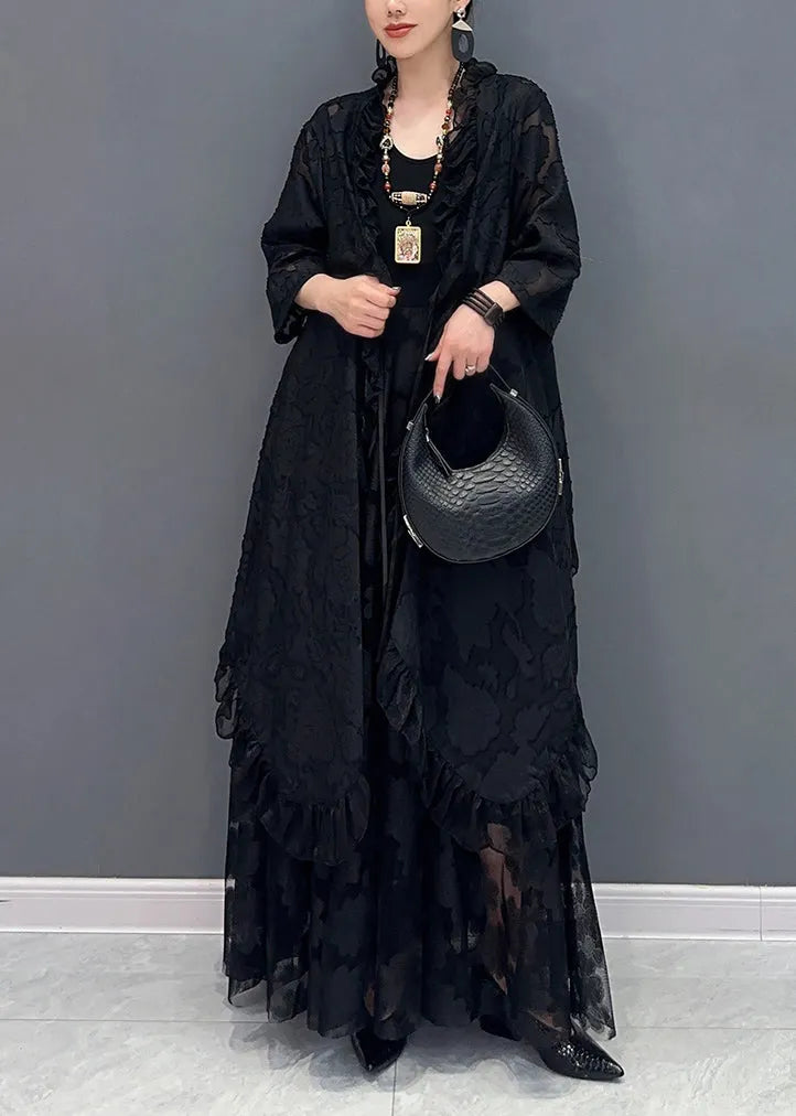 Black Ruffled Lace Up Patchwork Lace Two Piece Set Summer
