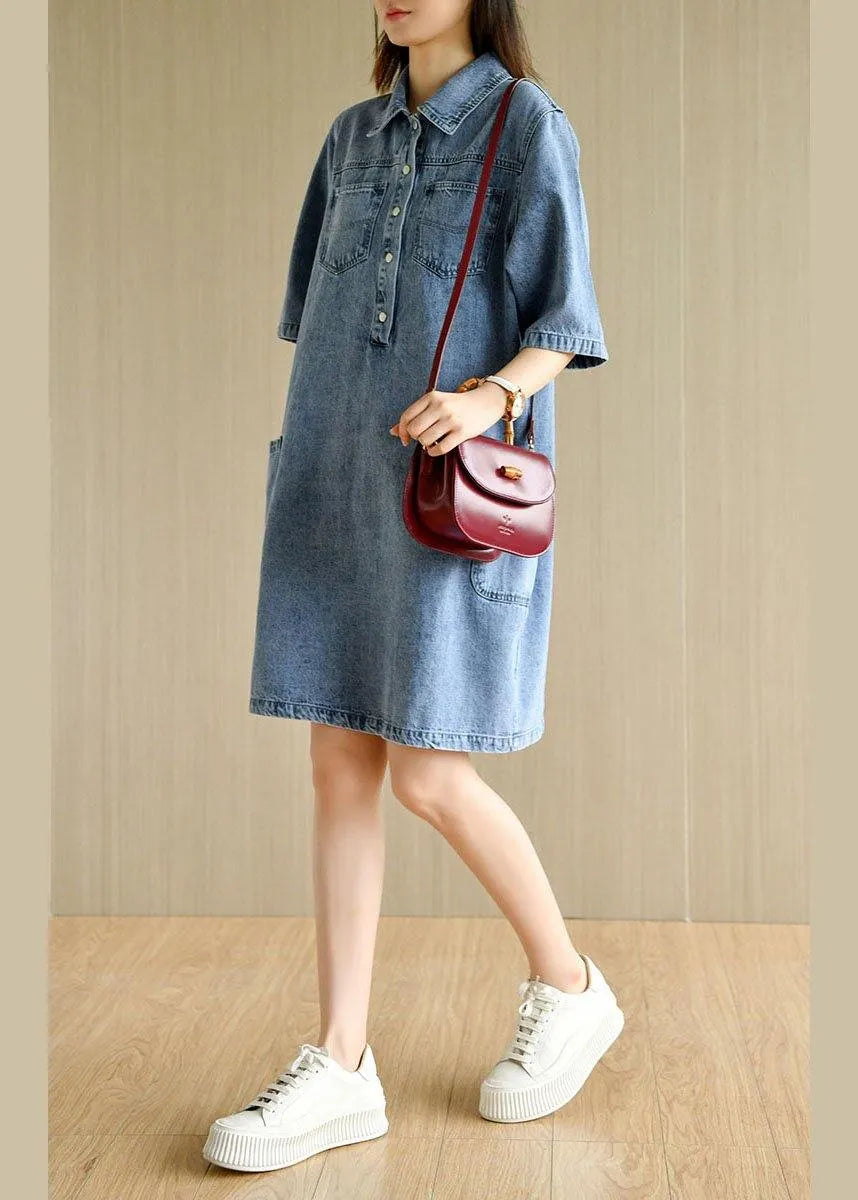Denim Blue Peter Pan Collar Pockets Summer Cotton Mid Dress Half Sleeve