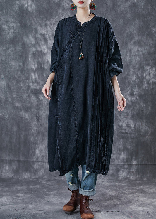 Black Oversized Wrinkled Denim Oriental Dress Spring
