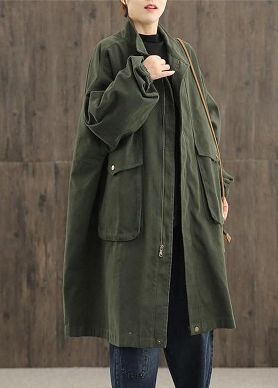 Green Peter Pan Collar Zippered Pockets Trench Coats Cotton Long Sleeve