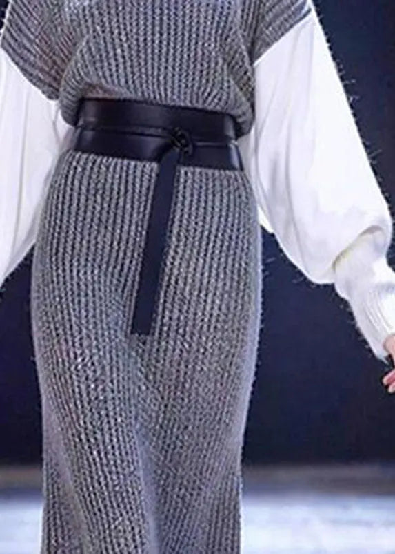 Grey O-neck Patchwork Tie Waist Cotton Knit Sweater Dress Long Sleeve