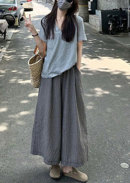 Grey O Neck T Shirt and Plaid Crop Pants Cotton Two Pieces Set Summer
