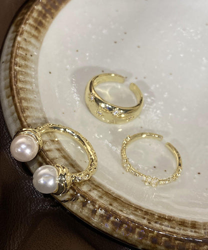 Gold Alloy Zircon Pearl Star Rings Three Piece Set