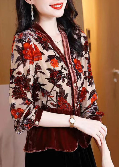 Brown V Neck Print Button Patchwork Velour Shirt Tops Fall