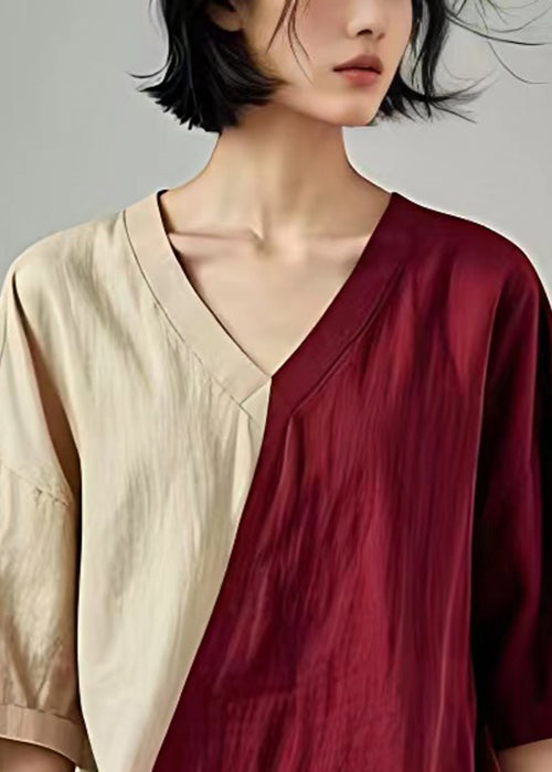 Wine Red V Neck Asymmetrical Linen Top Batwing Sleeve